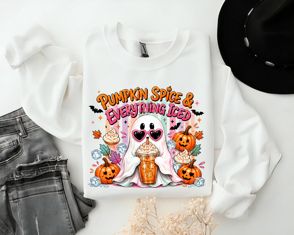 Pumpkin Spice & Everything Iced Ghost Halloween Sweatshirt, Cute Ghost Coffee Crewneck, Pumpkin Spice Latte Sweater, Halloween Coffee Lover Gifts