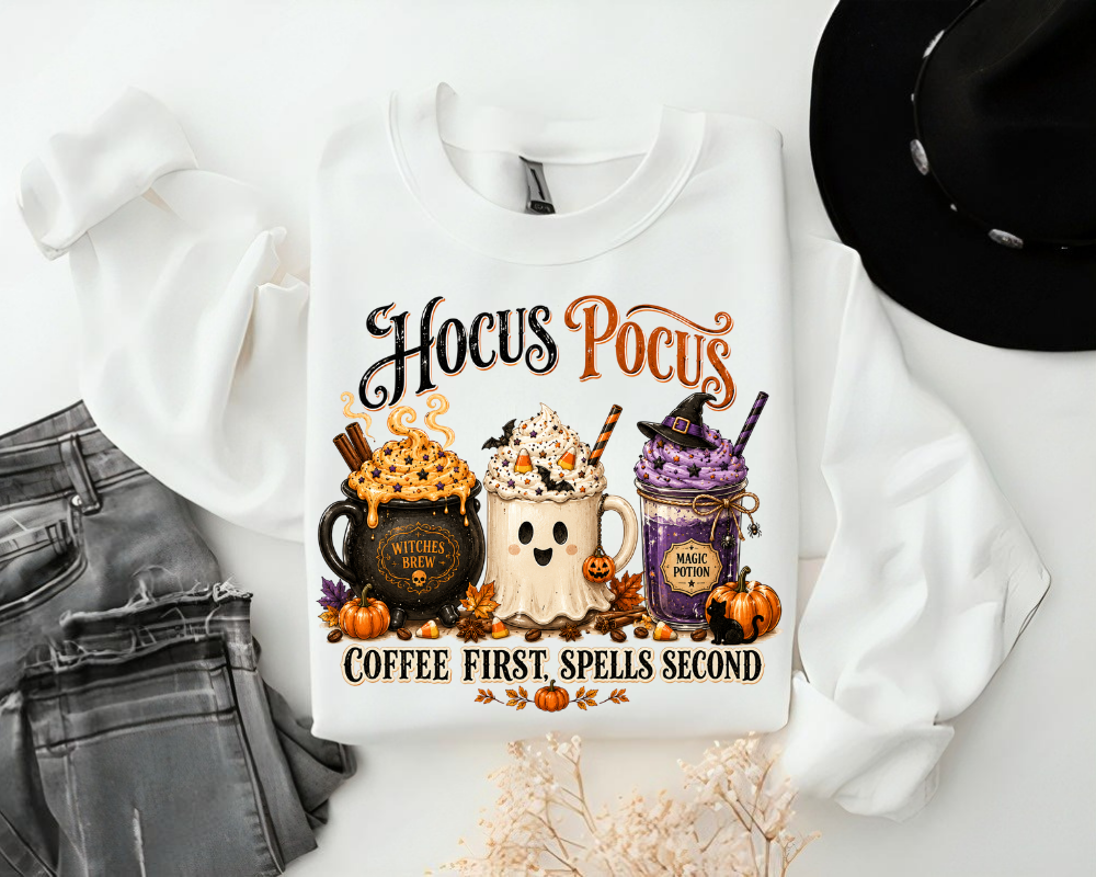 Hocus Pocus Sweatshirt, Halloween Coffee Sweatshirt, Witch Coffee Shirt, Coffee First Spells Second Graphic Crewneck, Pumpkin Spice Fall Sweatshirt, Cute Halloween Gift for Coffee Lovers