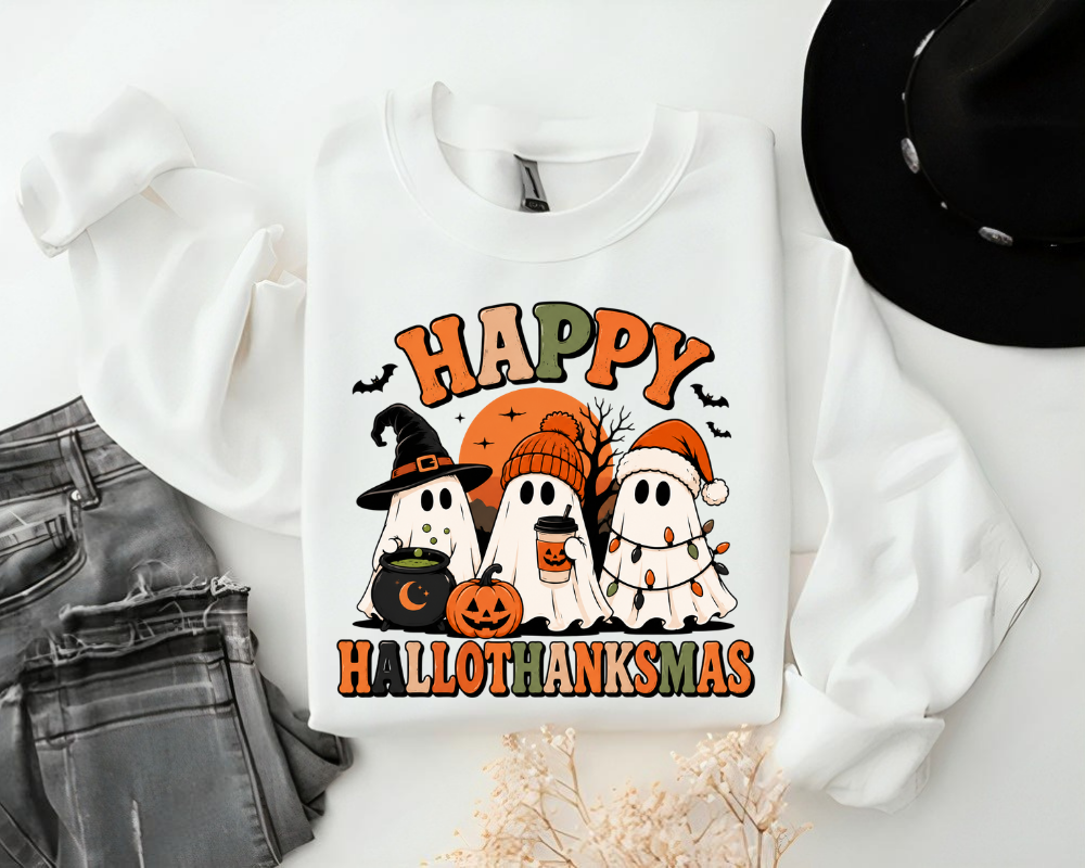 Happy Hallothanksmas Sweatshirt, Holiday Ghost Hoodie, Halloween Thanksgiving Christmas Crewneck, Gift for Holiday Lovers
