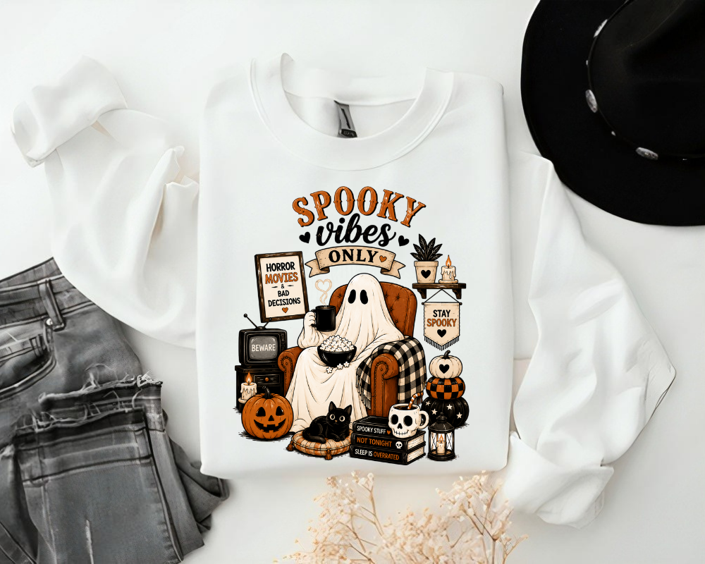 Spooky Vibes Only Halloween Sweatshirt, Cute Ghost Crewneck Sweatshirt, Cozy Fall Hoodie, Halloween Pumpkin Black Cat Sweatshirt, Gift for Women