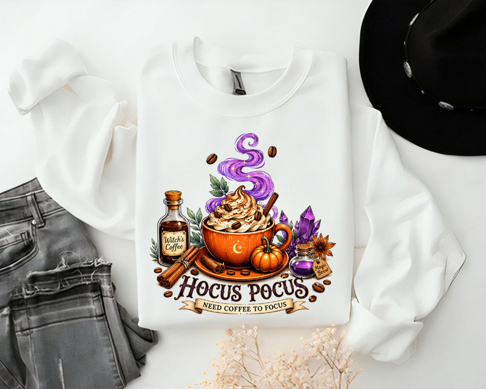 Hocus Pocus Coffee Lover Sweatshirt, Cozy Halloween Witch Crewneck, Fall Gift for Her
