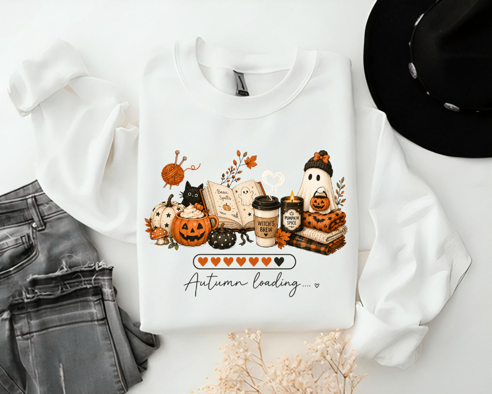 Autumn Loading Halloween Sweatshirt, Cozy Fall Ghost Pumpkin Crewneck, Cute Black Cat Coffee Graphic Pullover, Spooky Season Sweatshirt, Fall Gift for Women
