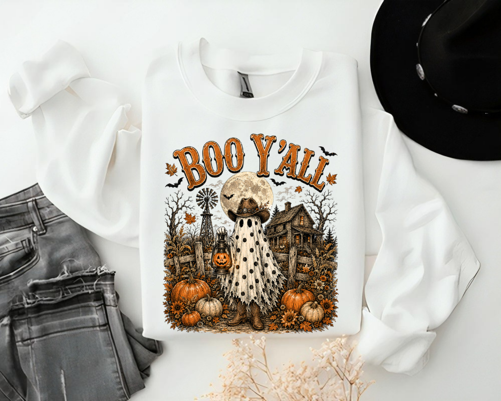 Boo Y'all Ghost Sweatshirt, Western Halloween Crewneck, Cowgirl Ghost Shirt, Pumpkin Patch Fall Sweatshirt