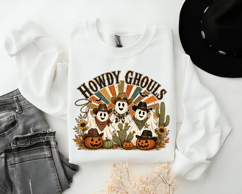 Howdy Ghouls Ghost Halloween Sweatshirt, Western Halloween Shirt, Cowboy Cowgirl Halloween Crewneck, Western Fall Sweater