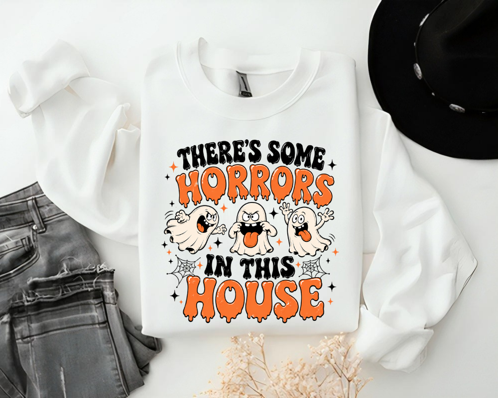 There's Some Horrors In This House Halloween Sweatshirt, Funny Ghost Crewneck, Cute Spooky Season Graphic Pullover, Halloween Party Sweatshirt, Funny Halloween Gift for Women