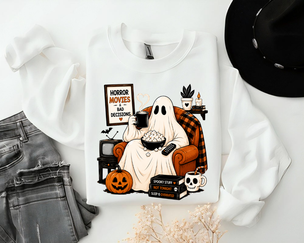 Horror Movies & Bad Decisions Halloween Sweatshirt, Spooky Season Ghost Movie Night, Gift for Women