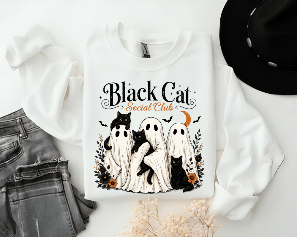 Black Cat Social Club Halloween Sweatshirt, Ghost Cats Crewneck, Gift for Cat Lovers