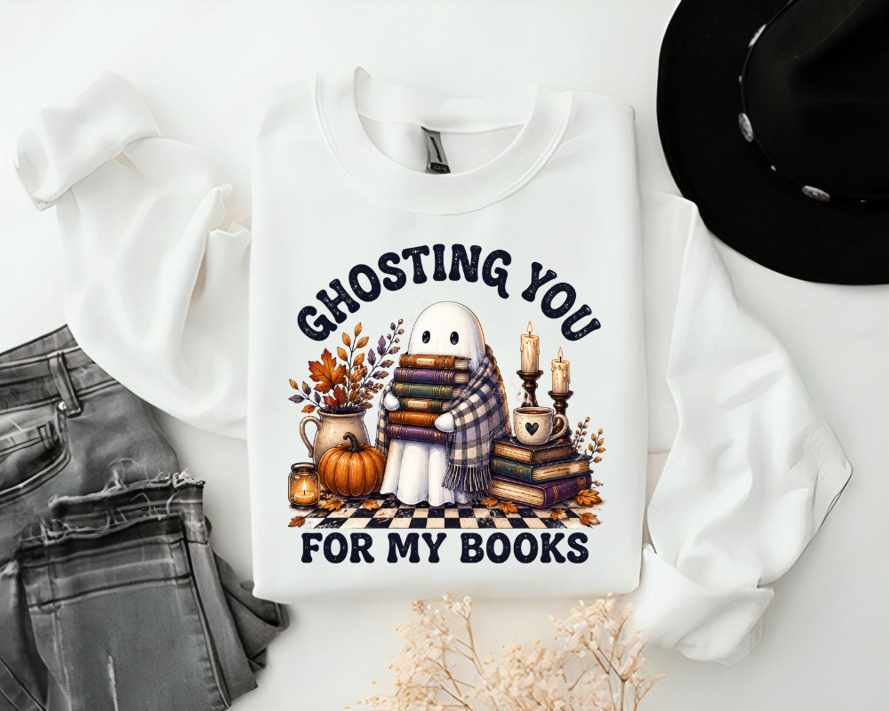 Ghosting You For My Books Sweatshirt, Halloween Book Lover Crewneck, Cute Ghost Reading Shirt, Spooky Reader Gift
