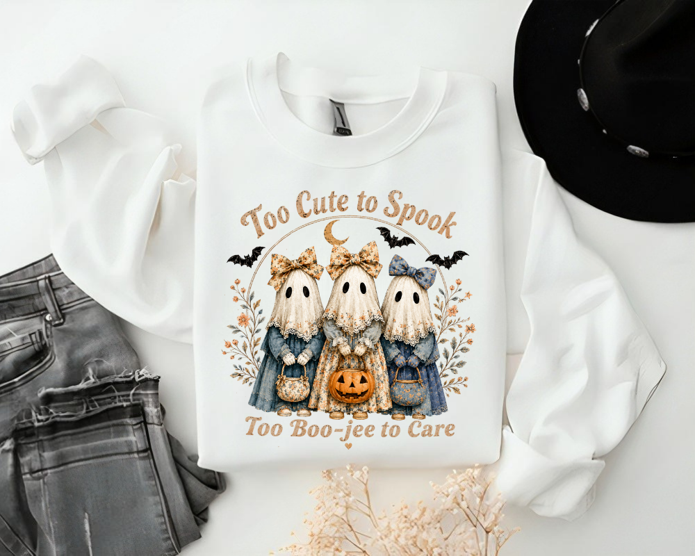Too Cute to Spook Sweatshirt, Cute Ghost Halloween Crewneck, Coquette Ghost Sweatshirt, Spooky Season Fall Shirt, Halloween Gift for Women