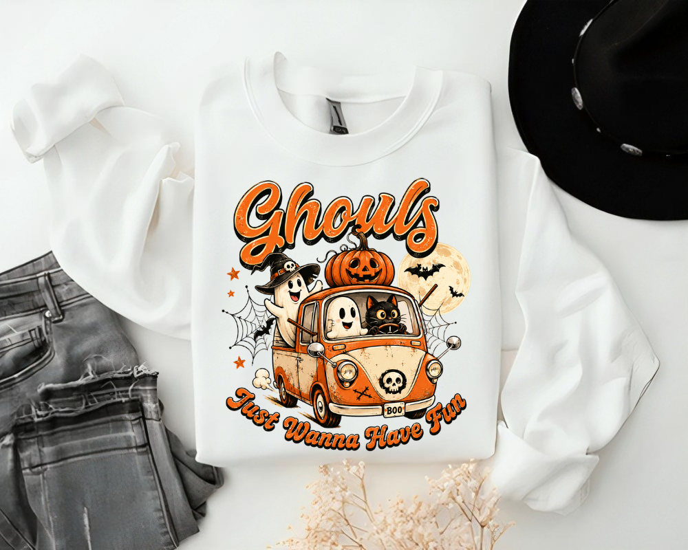 Ghouls Just Wanna Have Fun, Vintage Halloween Ghost Sweatshirt, Cute Spooky Season Shirt, Retro Fall Graphic Crewneck, Halloween Road Trip Gift