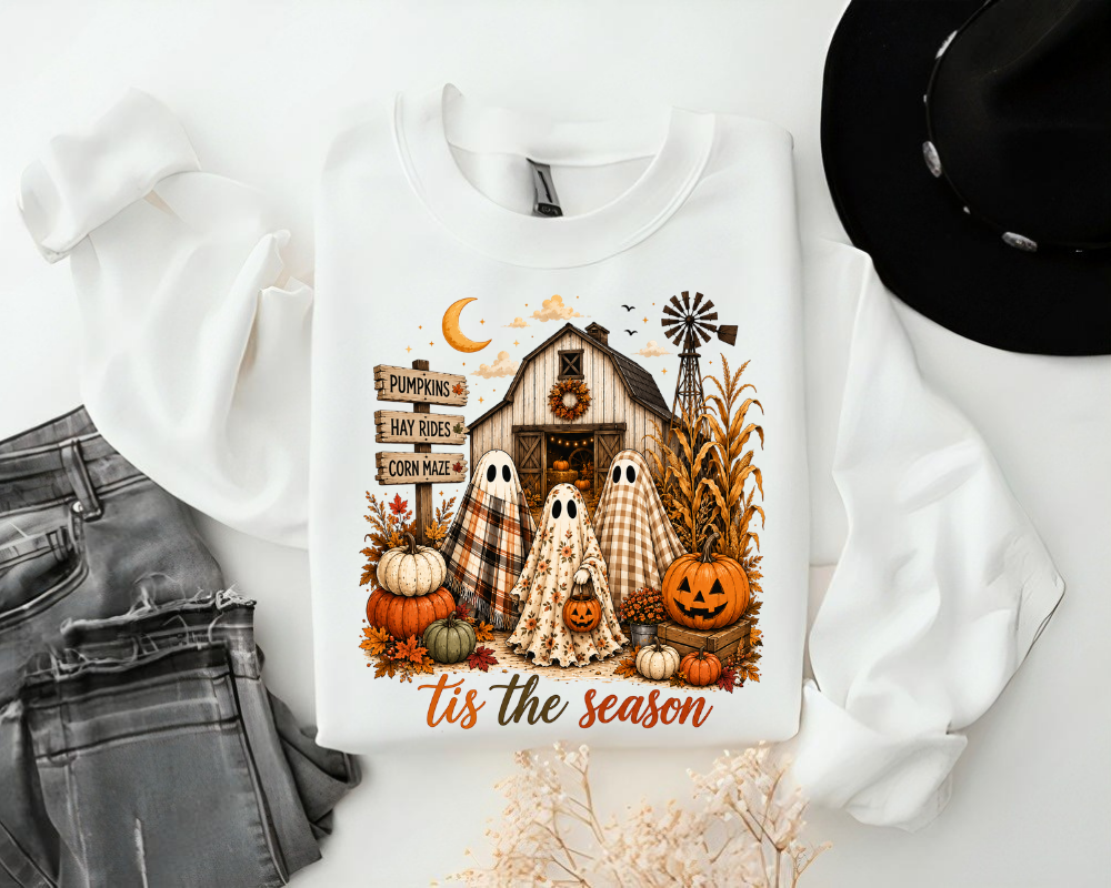 'Tis the Season, Spooky Season Sweatshirt, Ghost Pumpkin Patch Crewneck, Gift for Halloween Lovers