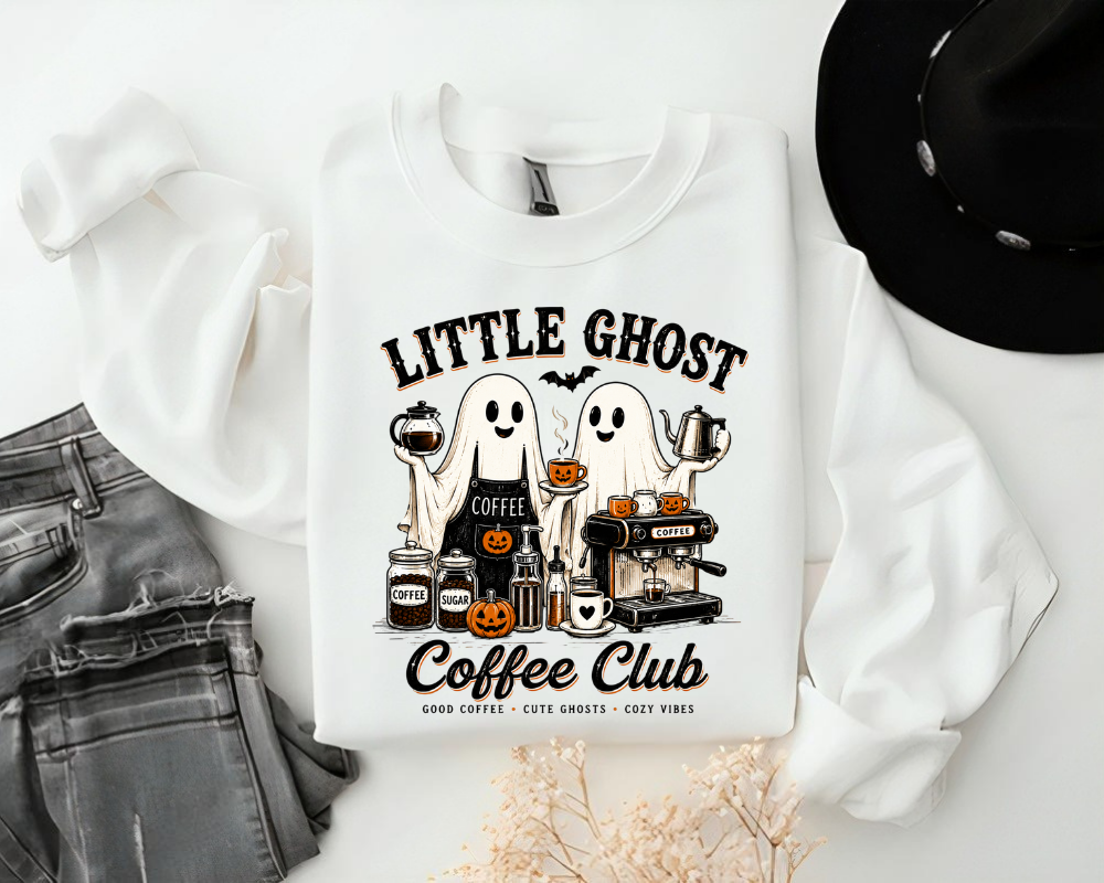 Little Ghost Coffee Club Sweatshirt, Cute Halloween Coffee Lover Crewneck, Cozy Fall Gift for Her