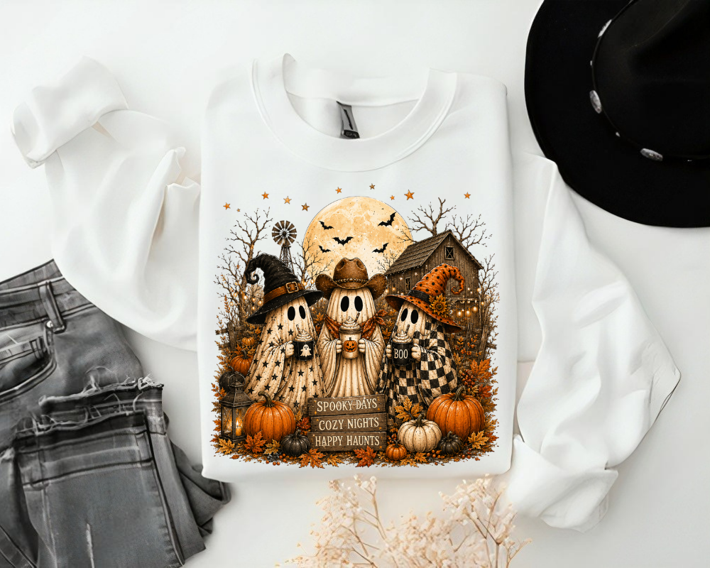 Cozy Ghost Halloween Sweatshirt, Spooky Season Crewneck, Cute Ghost Fall Sweatshirt, Pumpkin Patch Farmhouse Shirt, Autumn Halloween Gift for Women