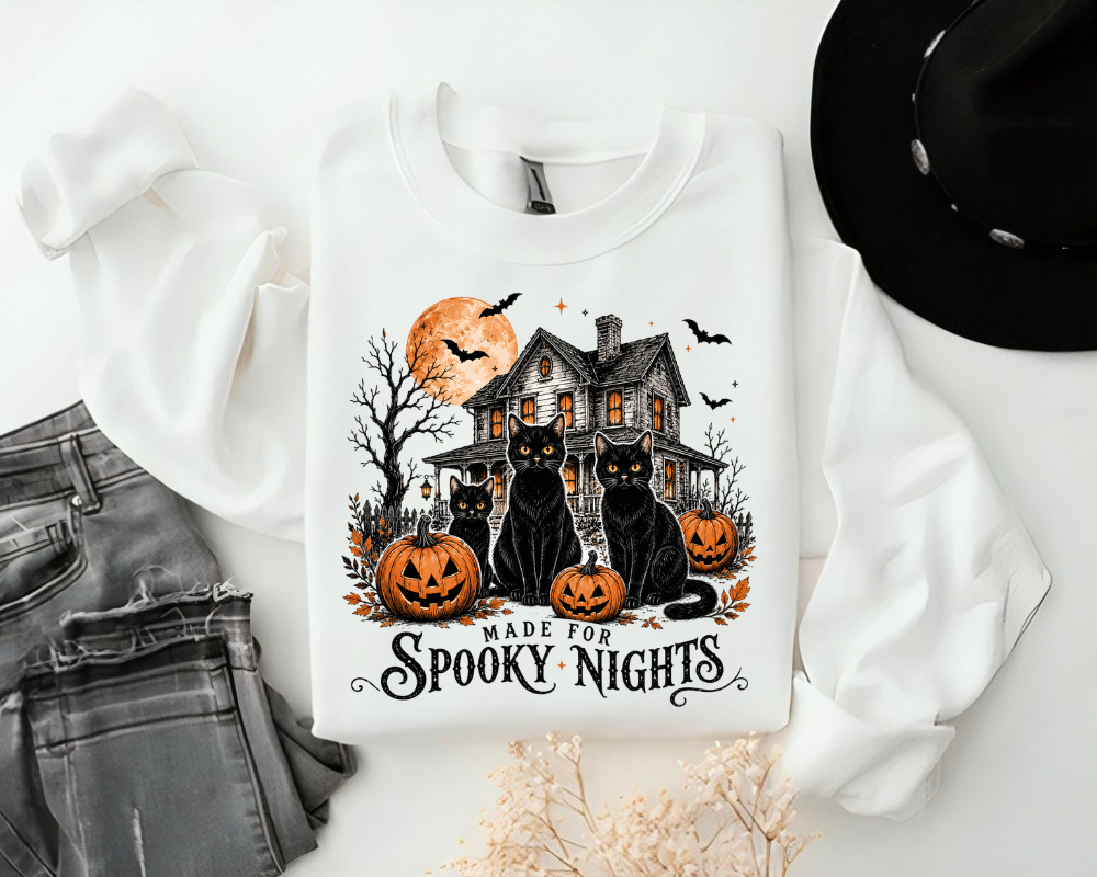 Made for Spooky Nights Black Cat Halloween Sweatshirt, Haunted House Crewneck, Gift for Cat Lovers