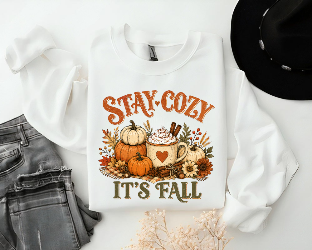 Stay Cozy It's Fall Sweatshirt, Cozy Autumn Pumpkin Crewneck, Fall Coffee Graphic Pullover, Cute Thanksgiving Sweatshirt, Fall Gift for Women