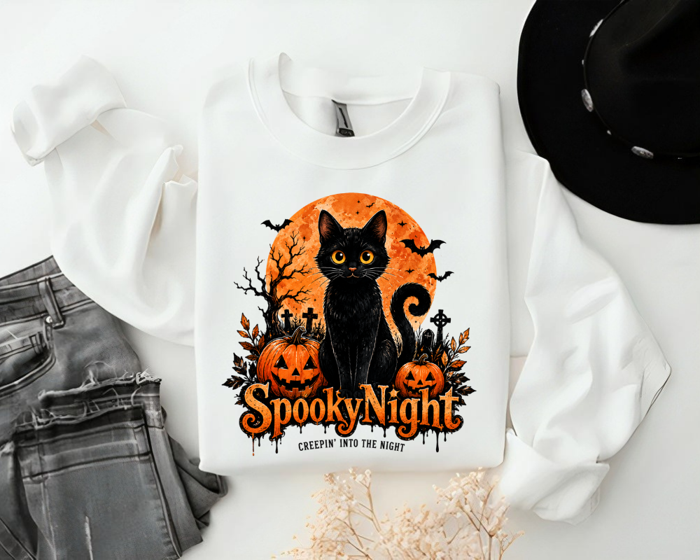Spooky Night Black Cat Halloween Sweatshirt, Pumpkin Crewneck, Gift for Cat Lovers