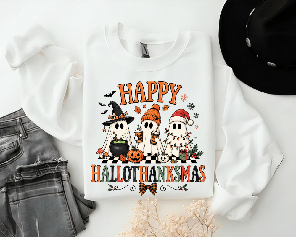 Happy Hallothanksmas Sweatshirt, Holiday Ghost Hoodie, Cute Spooky Christmas Crewneck, Gift for Holiday Lovers
