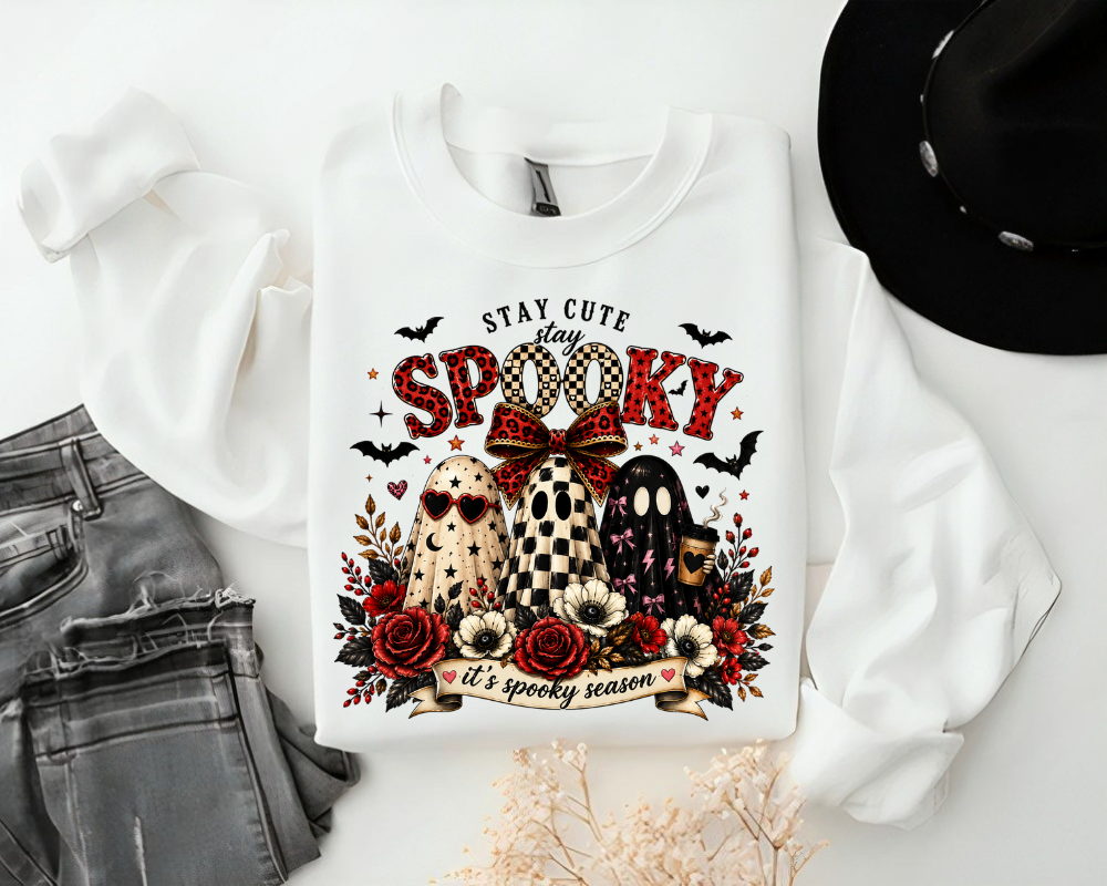 Spooky Season Sweatshirt, Stay Cute Stay Spooky Crewneck, Cute Ghost Halloween Shirt, Coquette Ghost Graphic Sweatshirt, Halloween Gift for Women