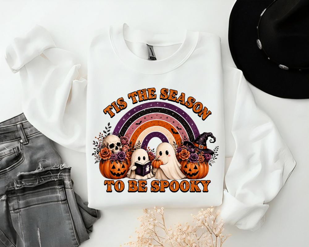 Tis the Season to Be Spooky Halloween Sweatshirt, Cute Ghost and Pumpkin Halloween Sweatshirt