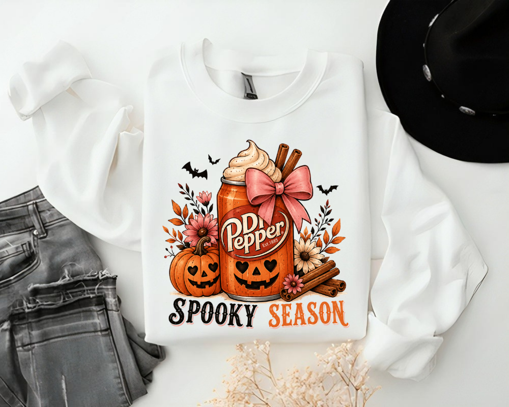 Cute Pumpkin Soda Sweatshirt, Spooky Season Crewneck, Fall Halloween Shirt, Pink Bow Autumn Sweatshirt, Halloween Gift for Women