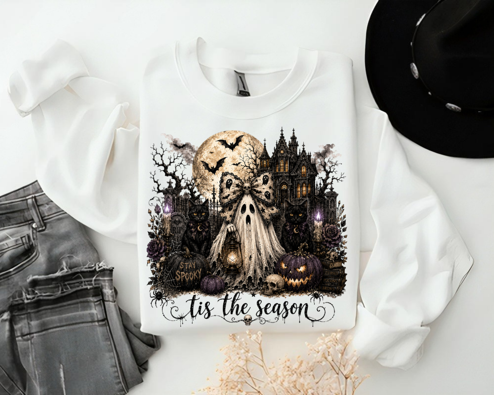 'Tis the Season - Gothic Halloween Ghost Sweatshirt, Haunted House Black Cat Shirt, Spooky Season Graphic Crewneck, Dark Halloween Gift