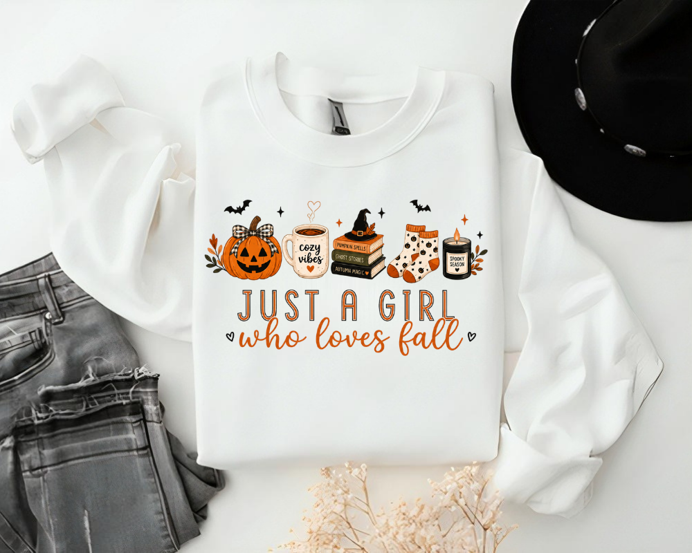 Just A Girl Who Loves Fall Sweatshirt, Cozy Fall Coffee Crewneck, Pumpkin Halloween Graphic Sweatshirt, Autumn Lover Pullover, Cute Fall Gift for Women