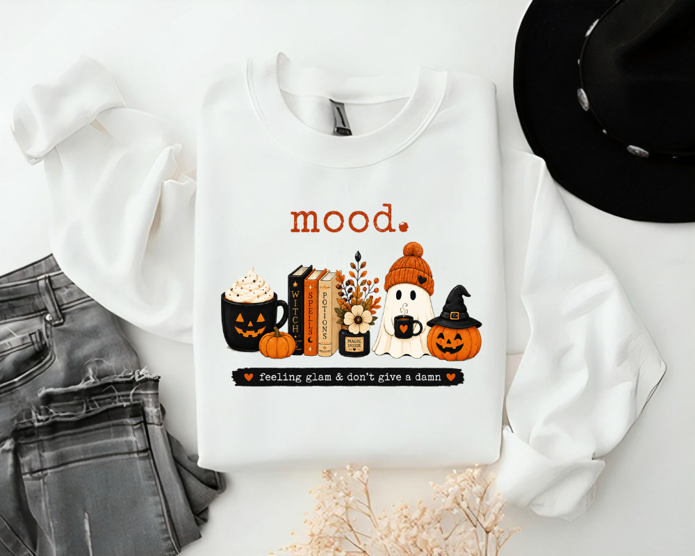 Mood Halloween Sweatshirt, Cute Ghost Pumpkin Coffee Crewneck, Cozy Fall Graphic Sweatshirt, Spooky Book Lover Pullover, Autumn Gift for Women