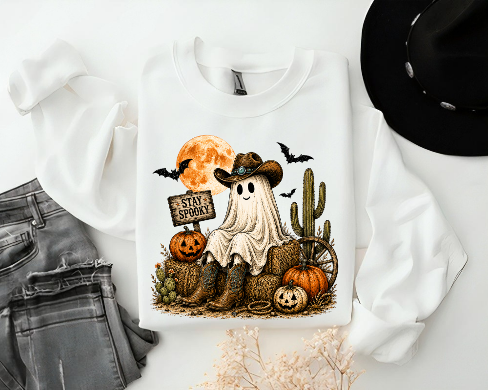 Western Ghost Sweatshirt, Cowgirl Halloween Crewneck, Stay Spooky Pumpkin Shirt, Cute Cowboy Ghost Fall Sweatshirt, Country Halloween Gift for Women