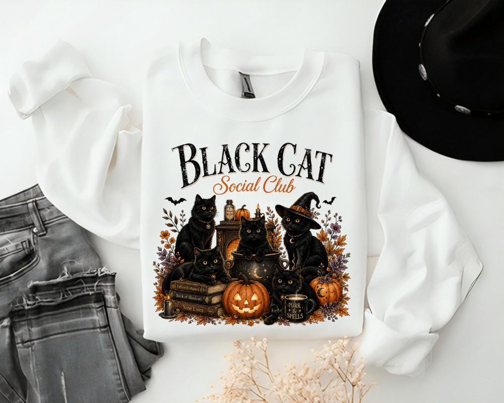Black Cat Social Club Halloween Sweatshirt, Witch Cat Crewneck, Gift for Cat Lovers