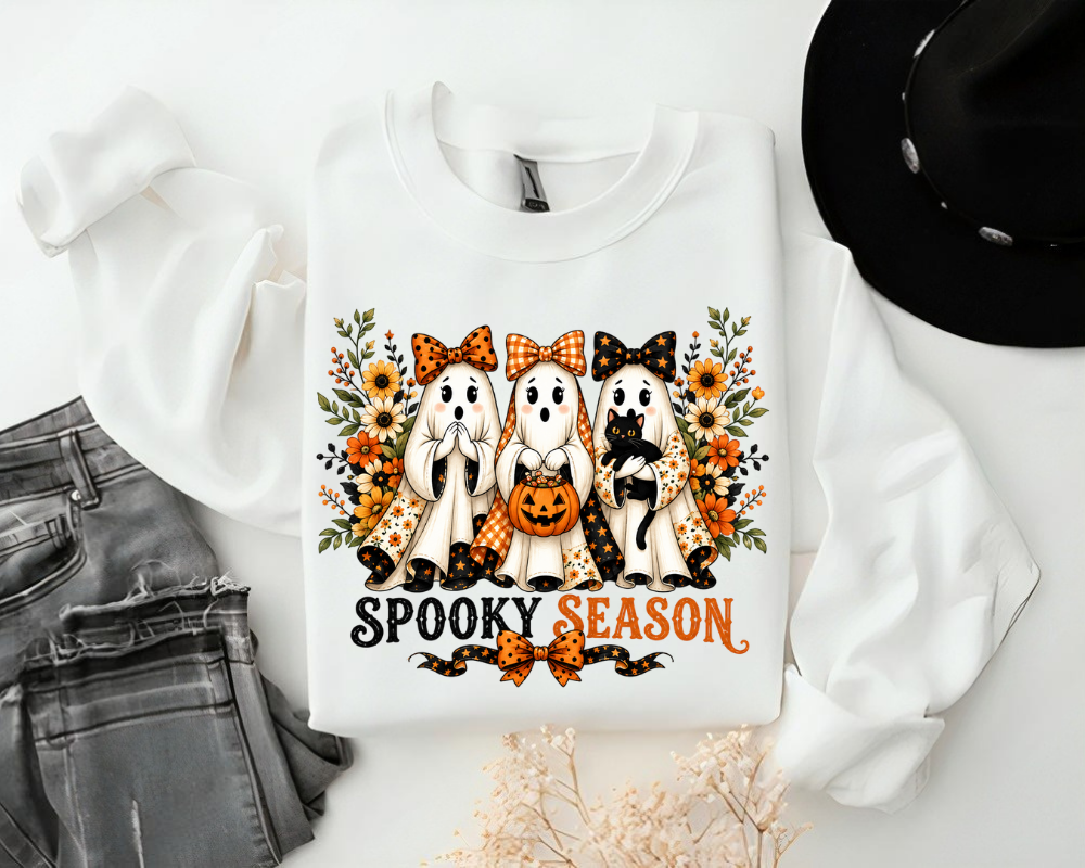 Cute Ghost Halloween Sweatshirt, Coquette Ghost Crewneck, Black Cat Fall Sweatshirt, Pumpkin Bow Autumn Shirt, Halloween Gift for Women