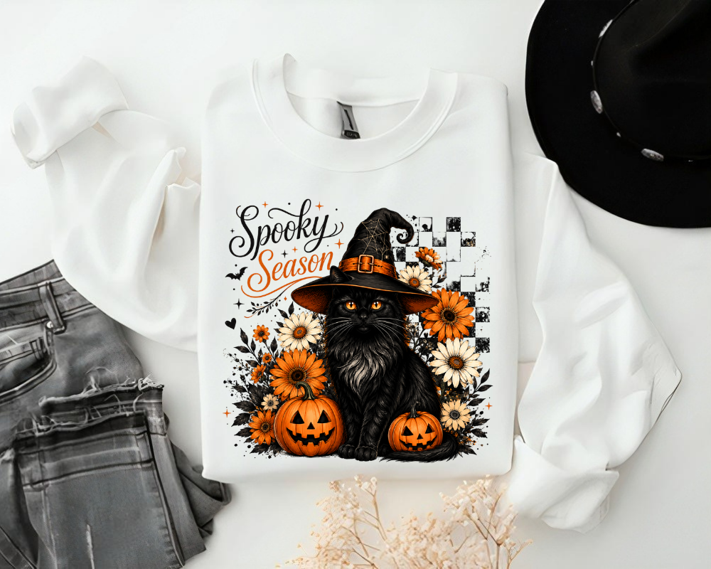 Spooky Season Halloween Sweatshirt, Witch Black Cat Crewneck, Gift for Cat Lovers