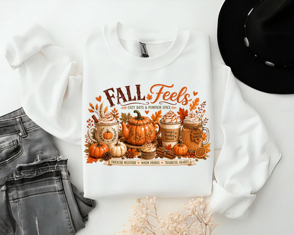 Fall Feels Sweatshirt, Pumpkin Spice Coffee Sweatshirt, Cozy Autumn Crewneck for Women