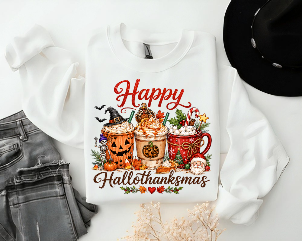 Happy Hallothanksmas Sweatshirt, Halloween Thanksgiving Christmas Sweatshirt, Holiday Coffee Graphic Crewneck, Pumpkin Spice Fall Winter Sweatshirt, Cute Holiday Gift for Women
