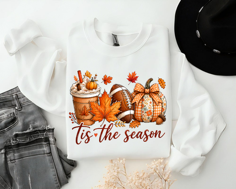 Cozy Autumn Tis the Season Fall Sweatshirt, Pumpkin Spice Football Sweatshirt