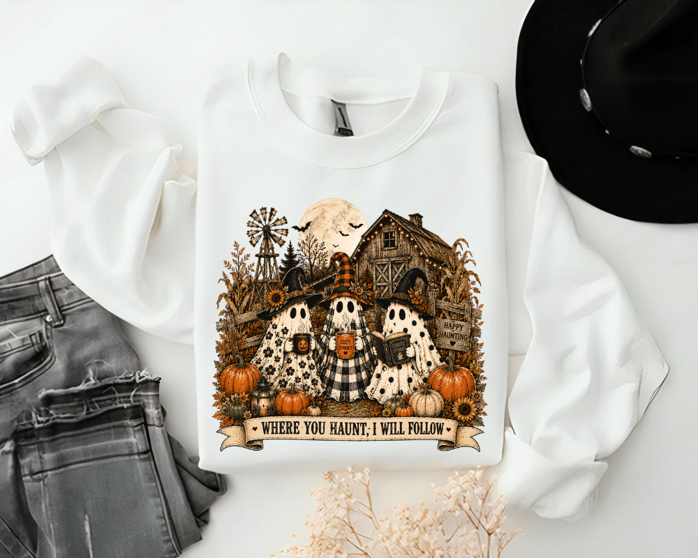 Where You Haunt, I Will Follow - Cute Ghost Halloween Sweatshirt, Farmhouse Ghost Crewneck, Spooky Season Shirt, Ghost Family Fall Sweatshirt