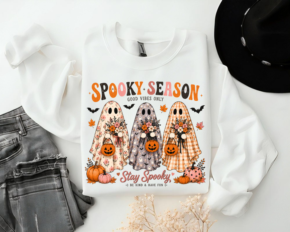 Spooky Season Ghost Sweatshirt, Cute Floral Ghost Halloween Shirt, Coquette Fall Crewneck, Pumpkin Ghost Sweatshirt, Cute Halloween Gift