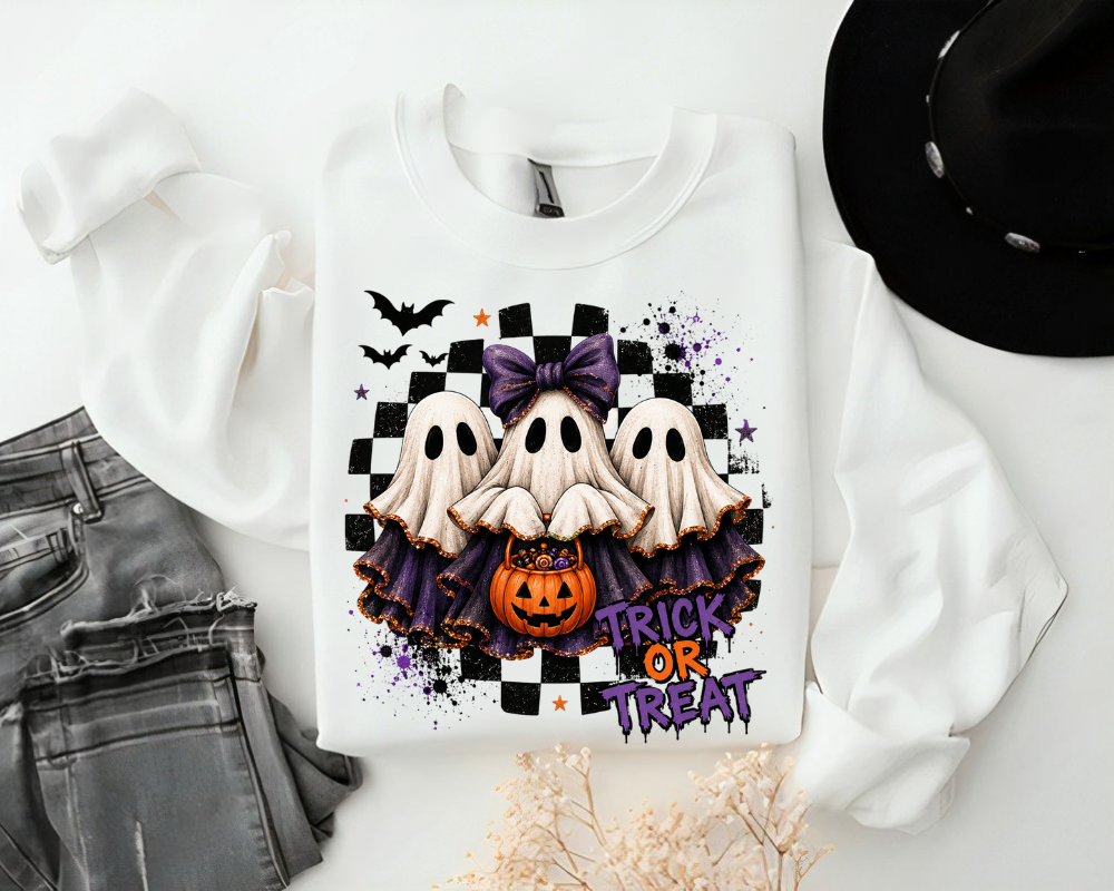 Cute Ghost Halloween Sweatshirt, Trick or Treat Crewneck, Coquette Ghost Sweatshirt, Spooky Season Shirt, Halloween Gift for Women