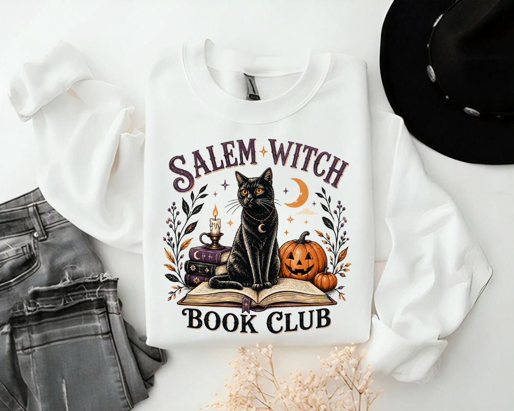 Salem Witch Book Club, Black Cat Halloween Sweatshirt, Vintage Spooky Season Crewneck, Witchy Book Lover Gift, Fall Graphic Pullover