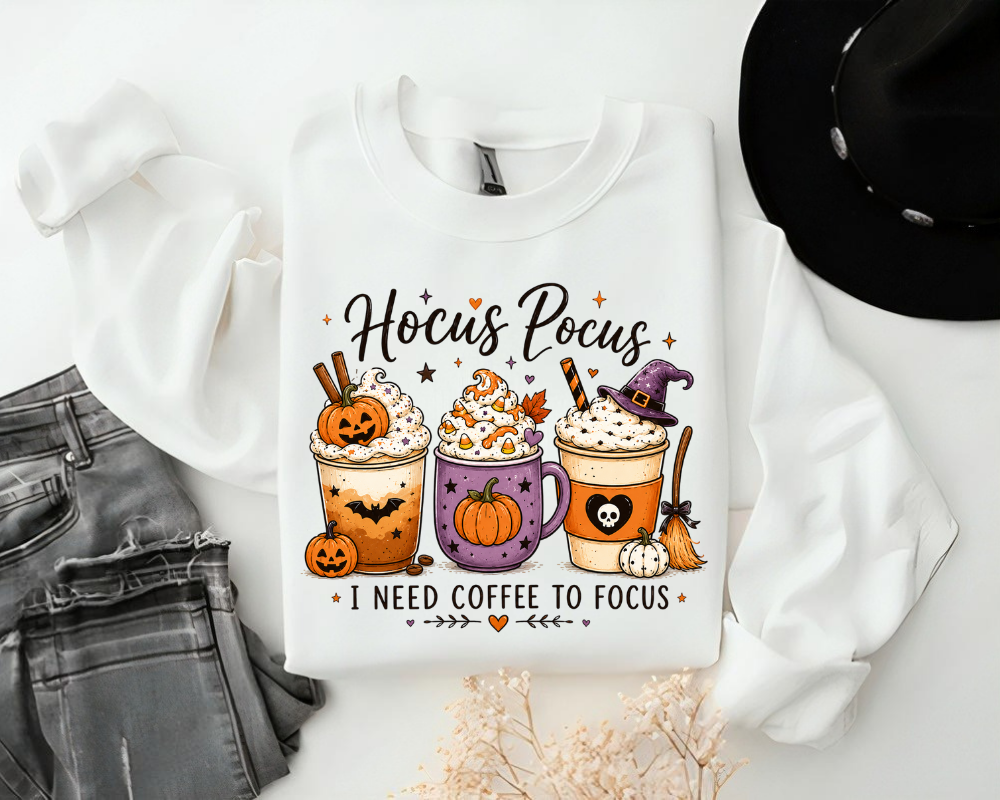 Hocus Pocus Halloween Sweatshirt, Coffee Lover Crewneck, I Need Coffee To Focus
