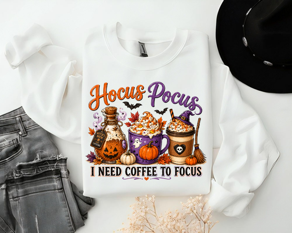 Hocus Pocus Sweatshirt, I Need Coffee To Focus Sweatshirt, Halloween Coffee Shirt, Witch Coffee Lover Graphic Crewneck, Pumpkin Spice Fall Sweatshirt, Gift for Women