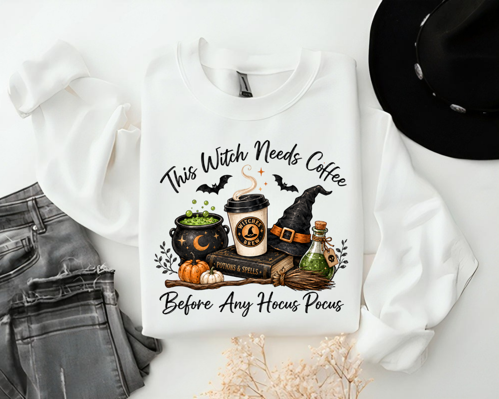 This Witch Needs Coffee Halloween Sweatshirt, Witch Coffee Shirt, Spooky Season Crewneck, Hocus Pocus Gift for Coffee Lovers