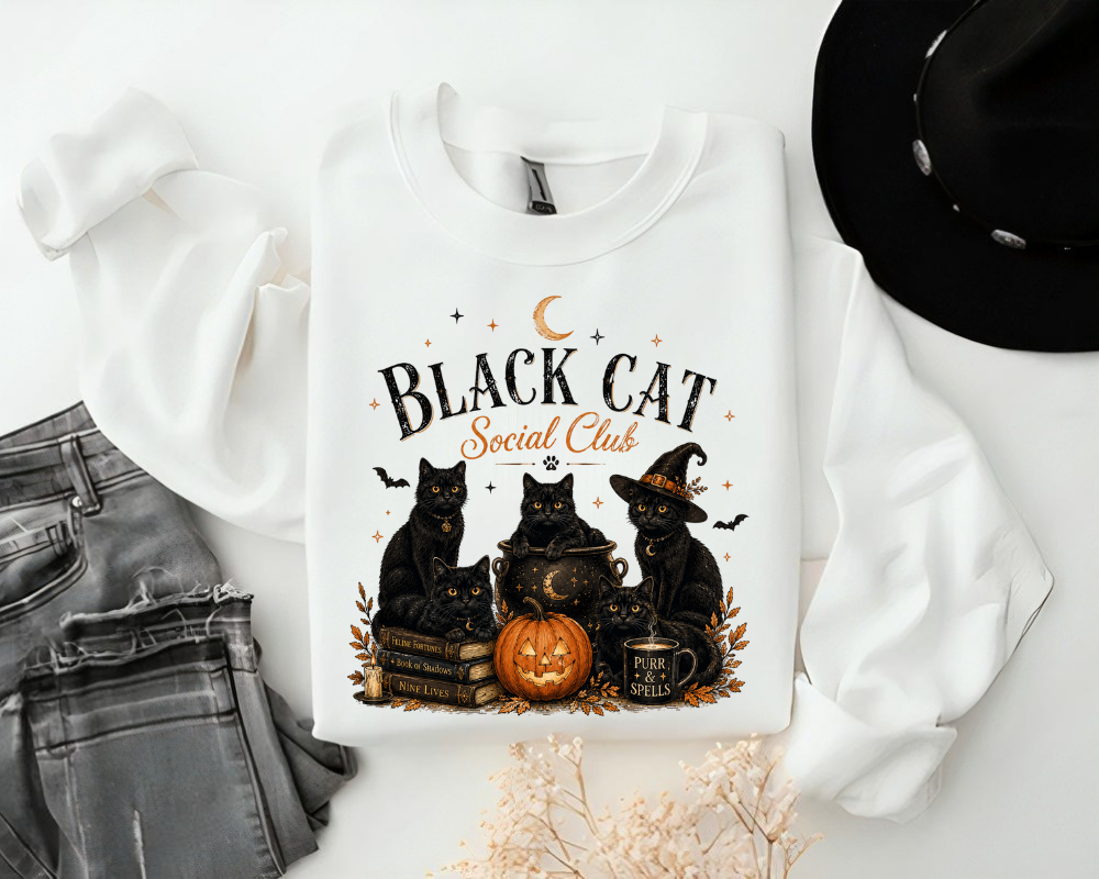 Black Cat Social Club Halloween Sweatshirt, Cozy Magic Cat Crewneck, Gift for Cat Lovers