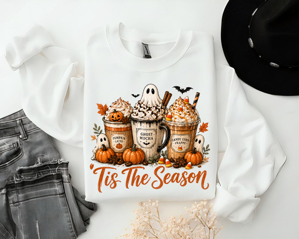 Tis The Season Ghost Halloween Sweatshirt, Ghost Coffee Sweatshirt, Pumpkin Spice Latte Shirt, Fall Coffee Sweater, Halloween Coffee Lover Gifts