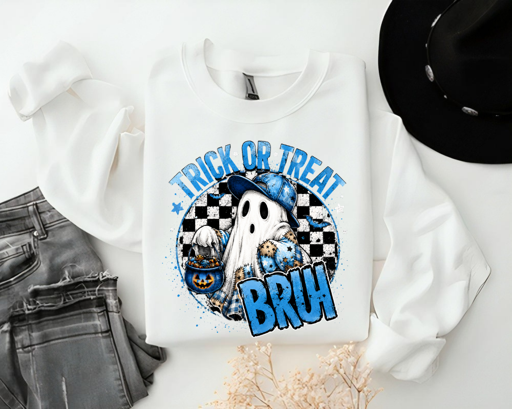 Trick or Treat Bruh Sweatshirt, Funny Ghost Halloween Sweatshirt, Spooky Season Crewneck, Cute Blue Ghost Shirt, Halloween Gifts