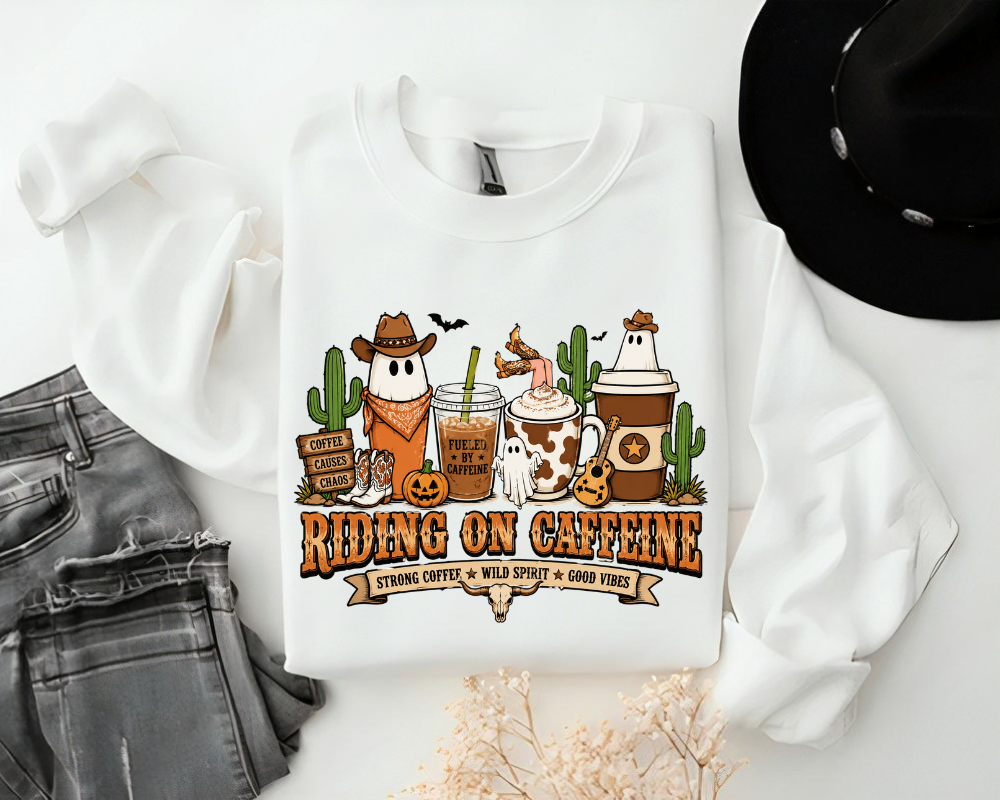 Riding On Caffeine Sweatshirt, Western Halloween Ghost Coffee Crewneck, Cowgirl Coffee Shirt, Cute Fall Coffee Lover Gifts