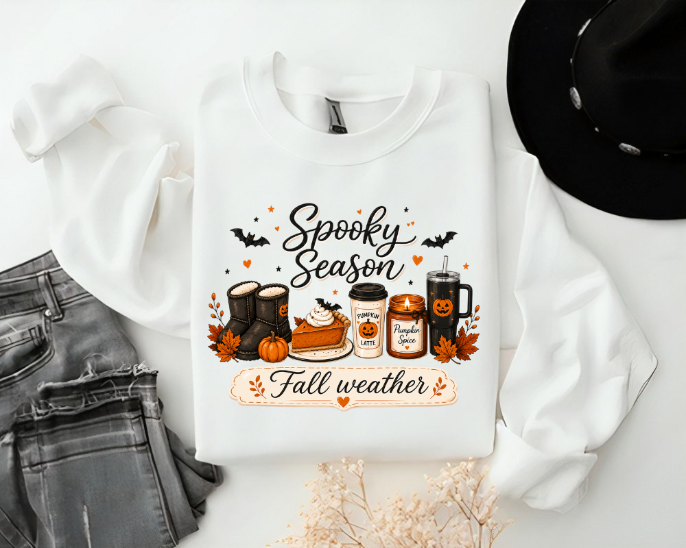 Spooky Season Fall Weather Sweatshirt, Pumpkin Spice Coffee Crewneck, Cozy Autumn Halloween Sweatshirt, Cute Fall Gift for Women