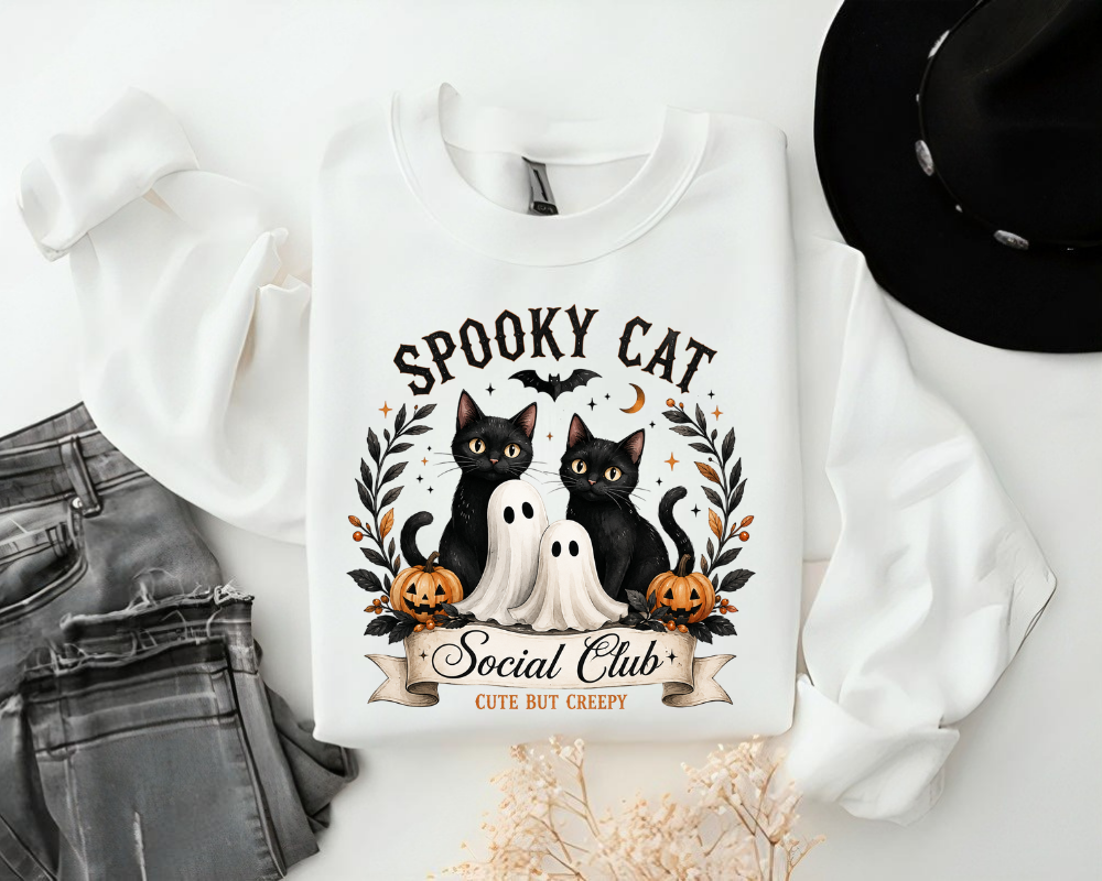Spooky Cat Social Club Halloween Sweatshirt, Ghost Cat Crewneck, Gift for Cat Lovers