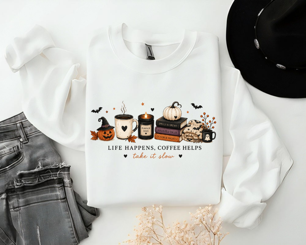 Halloween Coffee Sweatshirt for Women – Life Happens, Coffee Helps Take It Slow, Cozy Pumpkin Spice Ghost Fall Hoodie, Cute Spooky Season Gift