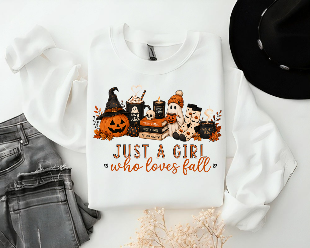 Just A Girl Who Loves Fall Sweatshirt, Cozy Halloween Pumpkin Crewneck, Cute Ghost Coffee Graphic Pullover, Autumn Lover Sweatshirt, Fall Gift for Women