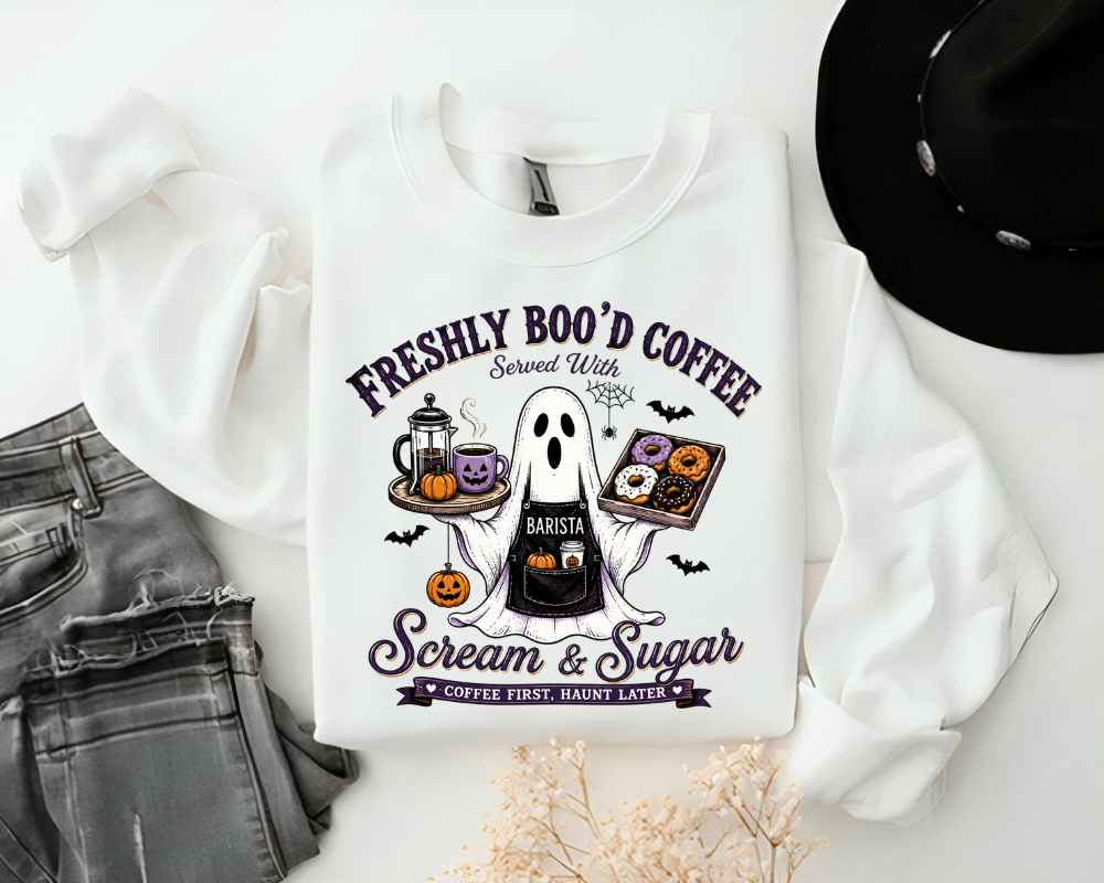 Freshly Boo'd Coffee Halloween Sweatshirt, Ghost Barista Crewneck, Spooky Coffee Lover Gift for Women